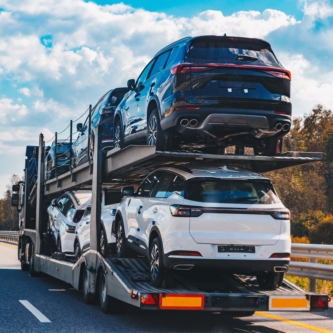 Transport de SUV par Camion Porte-Voitures sur Autoroute Camion porte-voitures transportant plusieurs SUV blancs et noirs sur une autoroute sous un ciel nuageux.