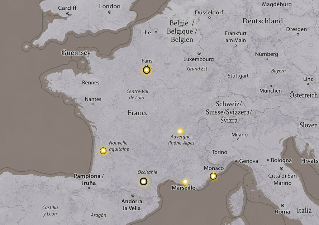 Carte de France : Localisation des Villes et Régions Carte de France grise avec marqueurs jaunes sur Paris, Marseille, Monaco, Occitanie et Nouvelle-Aquitaine.
