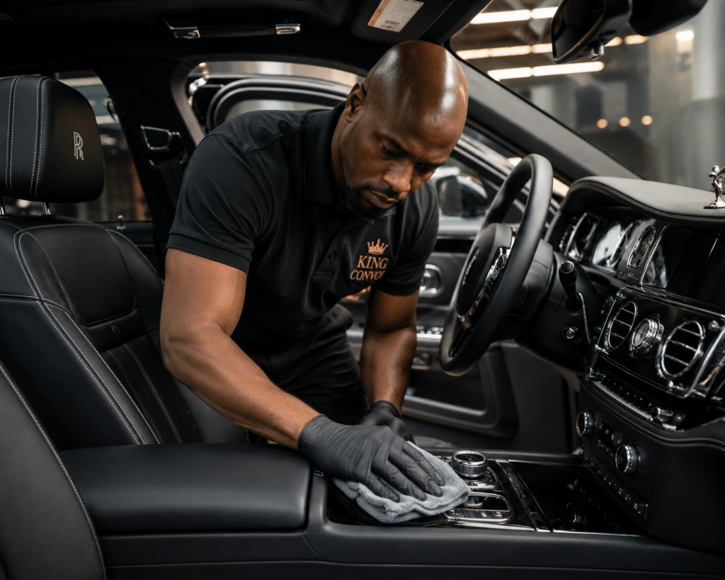Nettoyage de Luxe King Convoy : Detailing Rolls-Royce Detailing King Convoy : nettoyage minutieux de l'habitacle d'une Rolls-Royce avec chiffon microfibre.
