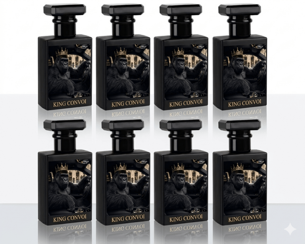 Parfum King Convoi : Flacon Noir de Luxe Gorille Couronné Huit flacons de parfum King Convoi noirs avec un gorille couronné dans une voiture de luxe sur fond gris.